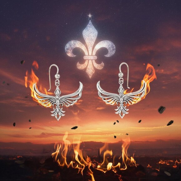 Phoenix with Fleur De Lis Sterling Silver Pendant and Earrings - Picture 3 of 10